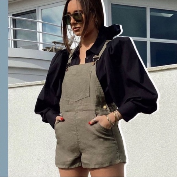 WeWoreWhat Olive Green Linen Short Overalls - Picture 1 of 6